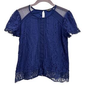 Express‎ Navy Blue Short Sleeve Lace Sheer Button Back Shirt Blouse – Size S
